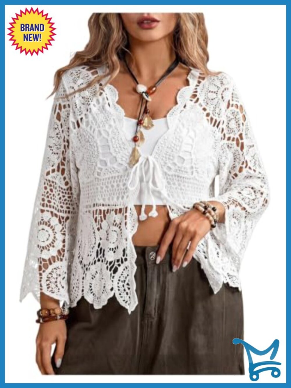 Plus Size Sheer Crochet Cardigan Tie Front Boho Kimono Coverup
